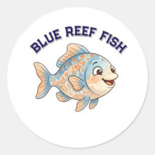 Sticker Rond Joli T-Shirt Enfant Poisson Bleu Corail Aquarelle