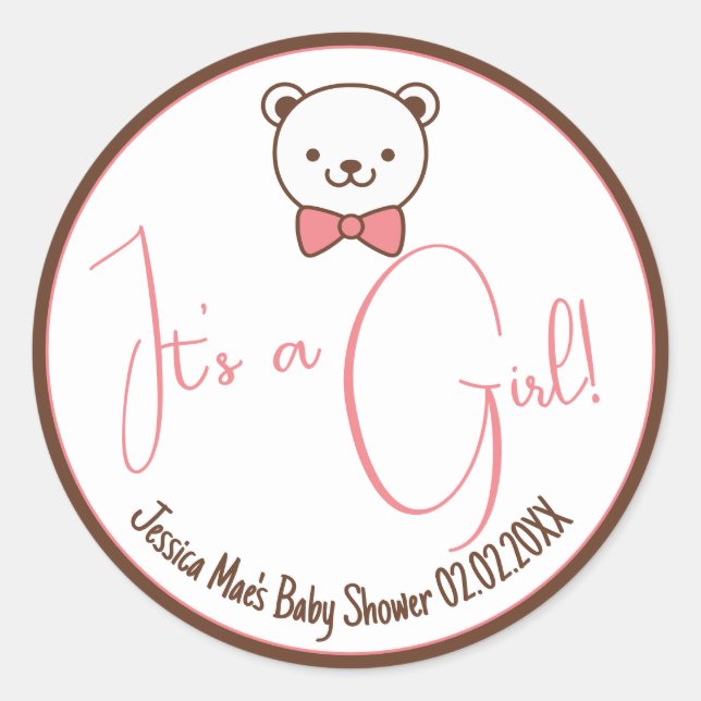 Sticker Rond Joli Teddy Bear Nostalgale Brown Baby shower rose (Devant)