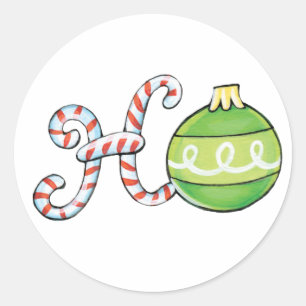 Sticker Rond Joli texte de Noël, Ho dans les ornements de canne