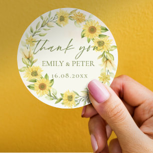Sticker Rond Joli Tournesol Jaune Floral Mariage Merci
