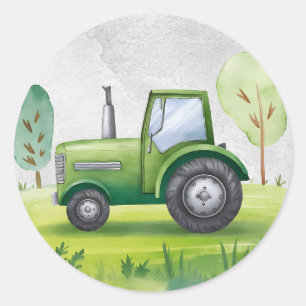 Sticker Rond Joli tracteur vert ferme aquarelle enfants