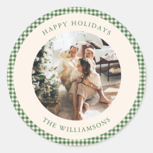 Sticker Rond Joli Vert En vichy Plaid Photo Personnalisé Saluta