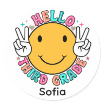 Joli visage souriant groovy Hello troisième année