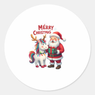 Sticker Rond Joli Xmas Licorne Père Noël sur T-Shi de Noël Lico