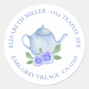 Sticker Rond Jolie adresse de retour aquarelle théière bleue