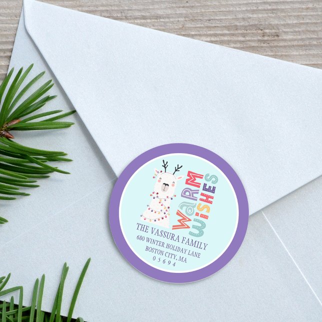 Sticker Rond Jolie adresse de retour de Noël moderne de lama (Cute Modern Christmas Llama Return Address Classic Round Sticker)