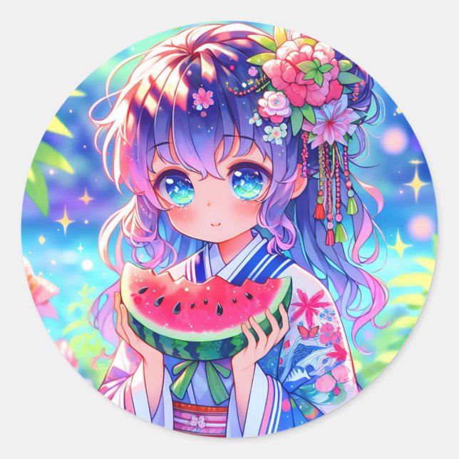 Sticker Rond Jolie Anime Girl Manger Watermelon (Devant)