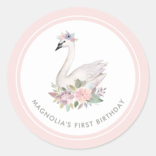 Sticker Rond Jolie aquarelle Floral Swan Princess Anniversaire