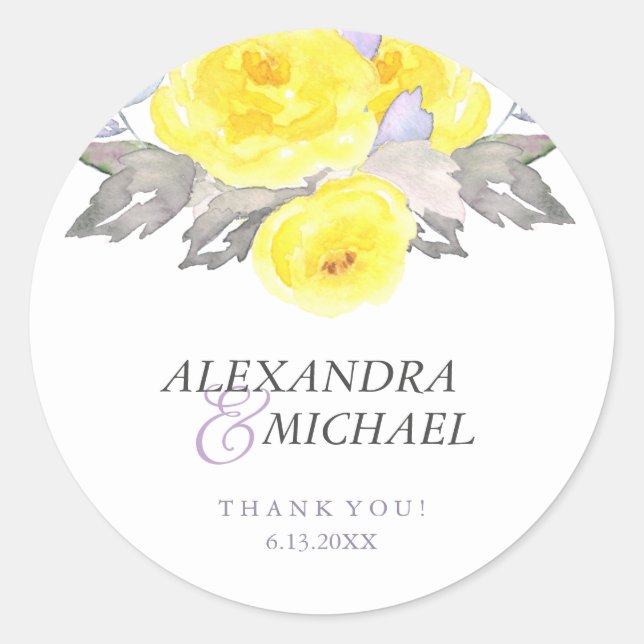 Sticker Rond Jolie aquarelle gris jaune violet Rose Mariage (Devant)