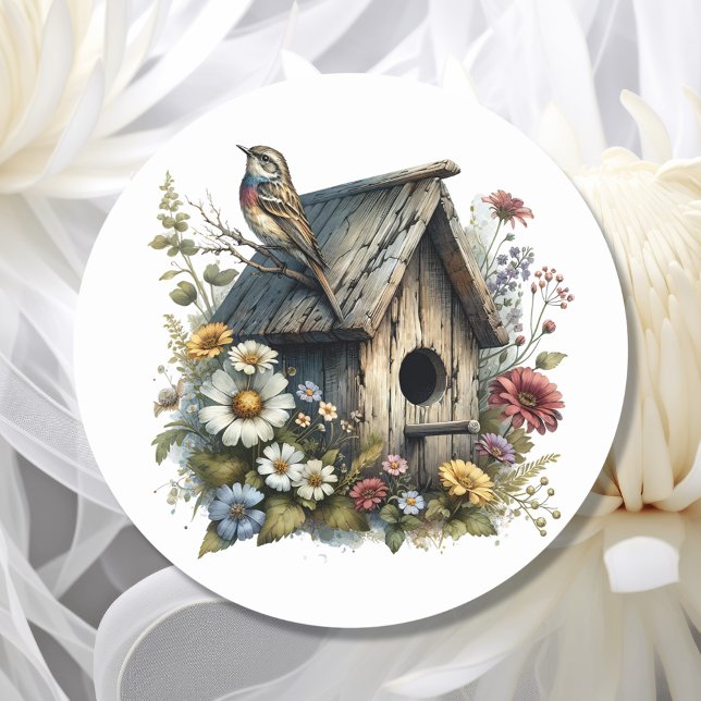 Sticker Rond Jolie aquarelle Rustique Birdhouse et Bird (Créateur téléchargé)