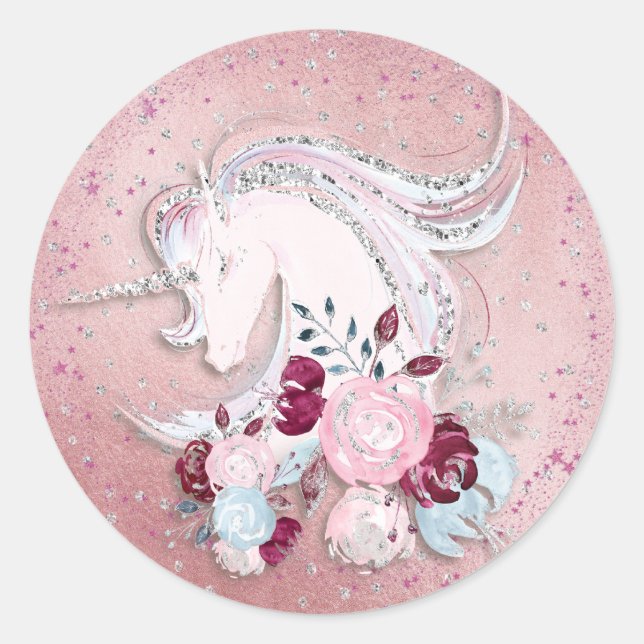 Sticker Rond Jolie aquarelle Unicorn rose et argent Accents (Devant)