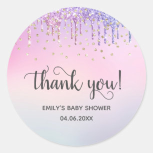 Sticker Rond Jolie Baby Shower Rose et Or avec Gouttes de Paill