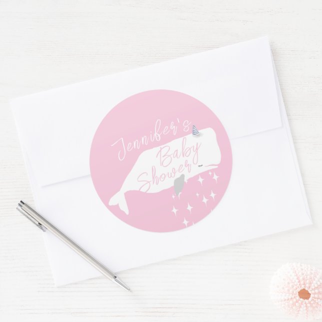 Sticker Rond Jolie baleine blanche fille Baby shower rose (Enveloppe)