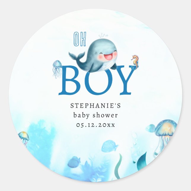 Sticker Rond Jolie baleine sous l'eau de mer Baby shower garçon (Devant)