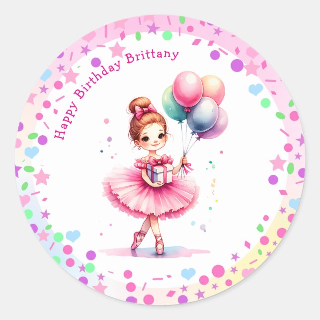 Sticker Rond Jolie Ballerina rose Fête d'Anniversaire (Devant)