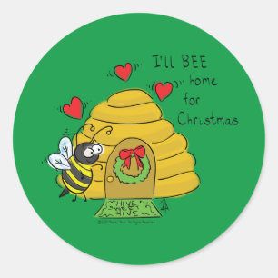 Sticker Rond Jolie Bee Christmas Drôle Cartoon de vacances
