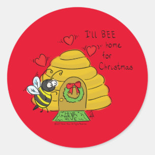 Sticker Rond Jolie Bee Christmas Drôle Cartoon de vacances