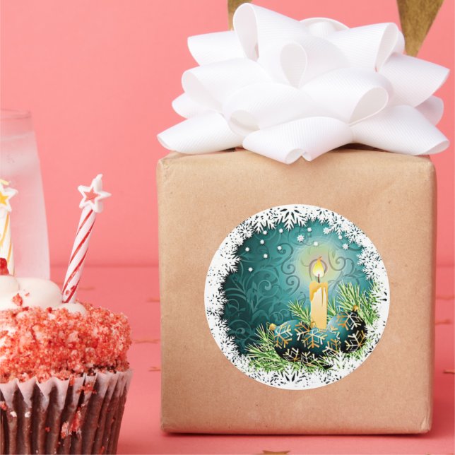 Sticker Rond Jolie bougie sur Turquoise Damask Arrière - plan M (Fête)
