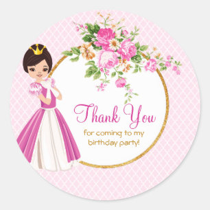 Sticker Rond Jolie Brunette Princesse Merci d'anniversaire
