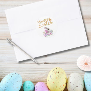 Sticker Rond Jolie Bunny rose Floral Parties scintillant or Pâq