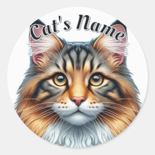 Sticker Rond Jolie Calico Long-Haired Chat plus Nom