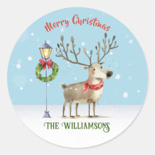 Sticker Rond Jolie carte de Noël en aquarelle avec un renne et