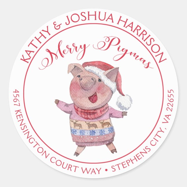 Sticker Rond Jolie Cartoon Cochon Joyeux Pigmas Adresse de reto (Devant)