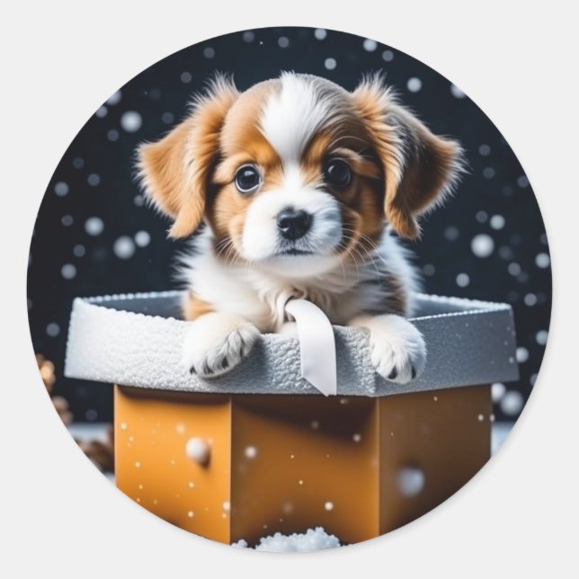Sticker Rond Jolie chiot en boîte cadeau Noël de Noël (Devant)