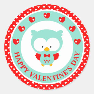 Sticker Rond Jolie chouette bleue et Saint-Valentin coeurs