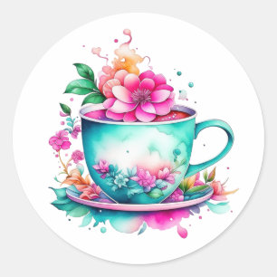 Sticker Rond Jolie Coupe Vintage de café aux fleurs roses