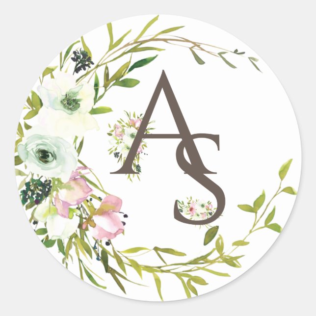 Sticker Rond Jolie couronne monogrammée de roses blanches et bl (Devant)