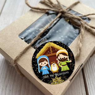 Sticker Rond Jolie crèche de Noël avec paillettes dorées