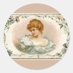 Sticker Rond Jolie Dame victorienne Floral Beige