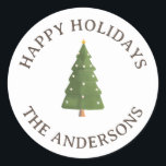 Sticker Rond Jolie décoration Whimsical Christma s Tree<br><div class="desc">Aquarelle blanche mignonne arbre de Noël avec une étoile d'or et décorations. Autocollants personnalisables pour nom de famille. Joyeuses fêtes !</div>