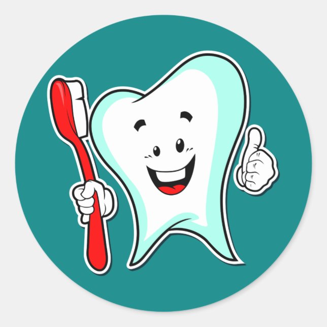 Sticker Rond Jolie dent Dent Cartoon avec brosse à dents (Devant)