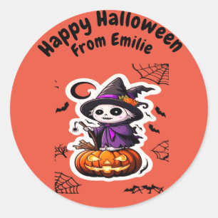 Sticker Rond Jolie écharpe sorcière citrouille Halloween