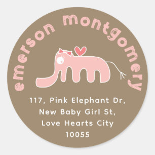 Sticker Rond Jolie éléphant rose fille bébé naissance adresse d