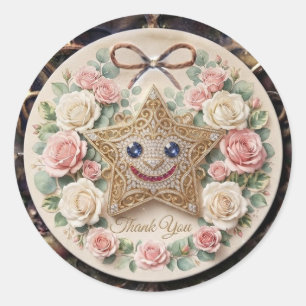 Sticker Rond Jolie Étoile Souriante avec Roses Autour Autocolla