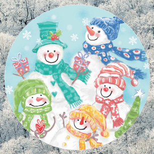 Sticker Rond Jolie famille de bonhomme de neige de Noël dans la