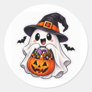 Sticker Rond Jolie fantôme de Halloween Sorcière Citrouille Bon