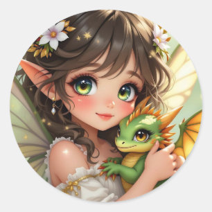 Sticker Rond Jolie fée d'anime et dragon Chibi 