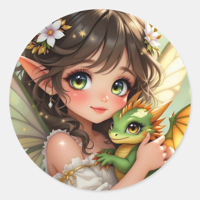 Sticker Rond Jolie fée d'anime et dragon Chibi  (Devant)