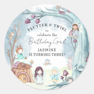 Sticker Rond Jolie Fée de la Forêt d'Hiver pour l'Anniversaire
