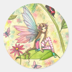 Sticker Rond Jolie Fée des Fleurs et Coccinelle dans le Jardin