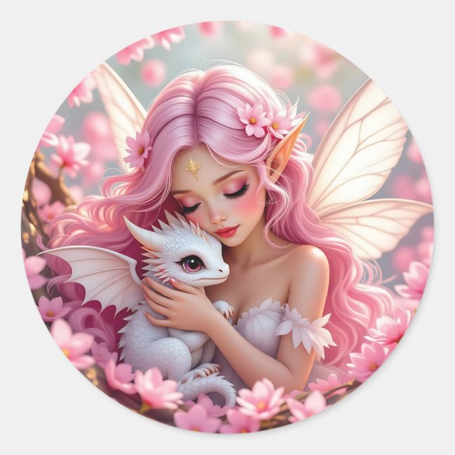 Sticker Rond Jolie fée elfe rose et dragon  (Devant)