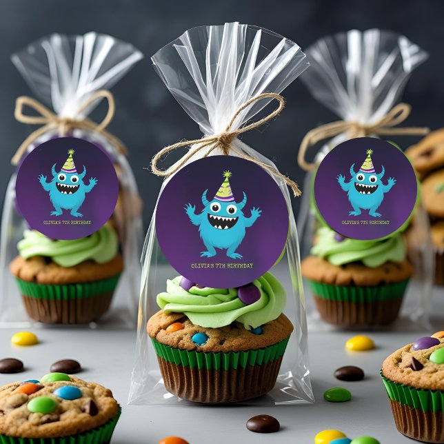 Sticker Rond Jolie fête d'anniversaire de monstre bleu (Créateur téléchargé)