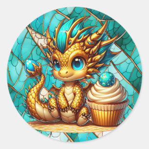 Sticker Rond Jolie fête d'anniversaire du dragon Turquoise et d