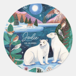 Sticker Rond Jolie Fête de Bébé d'Hiver avec Ours Polaire