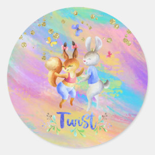 Sticker Rond Jolie Fête Rose Violet Bleu Animaux de la Forêt Fé