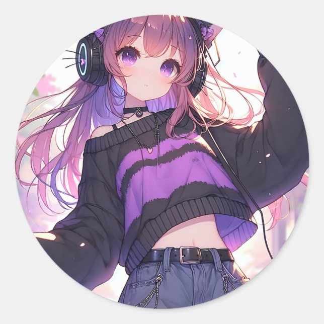 Sticker Rond Jolie fille Anime dans casque avec oreilles de cha (Devant)